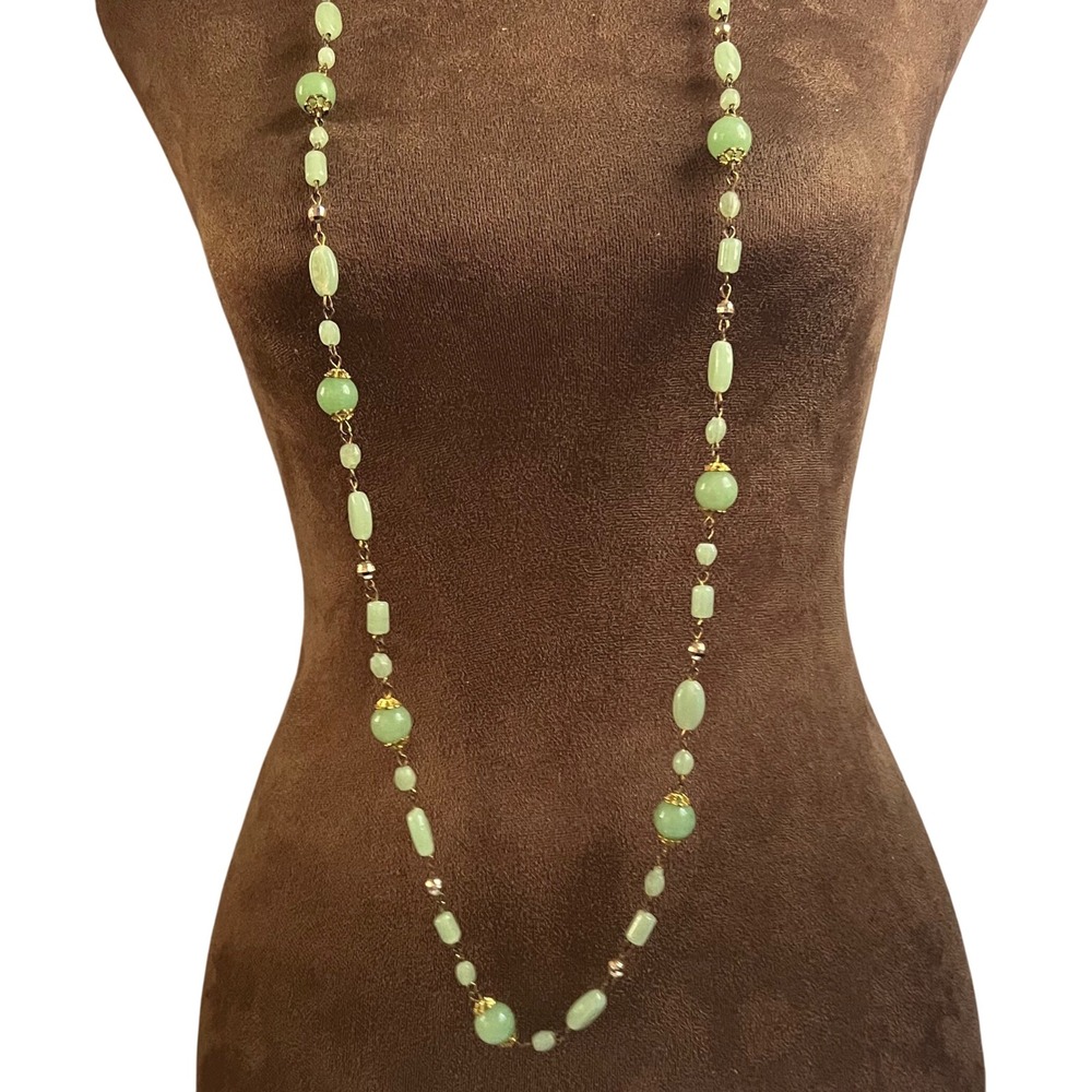 Vintage Faux Jade Green Glass Beaded Long Flapper Necklace 46 Inch Cottagecore